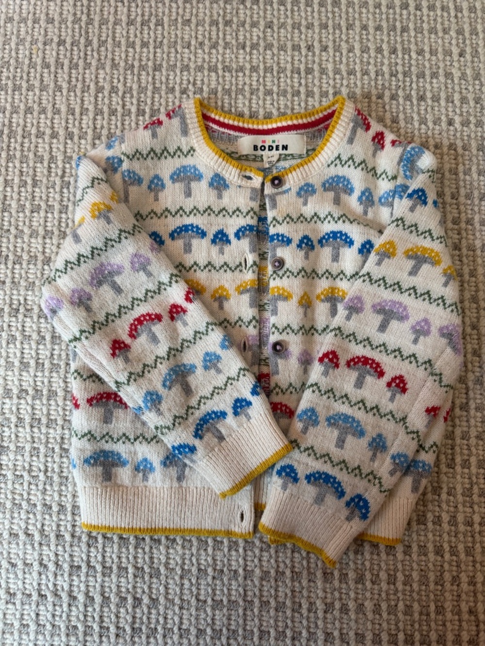 Boden Cream Cardigan with Multicolor Mushroom Motif
